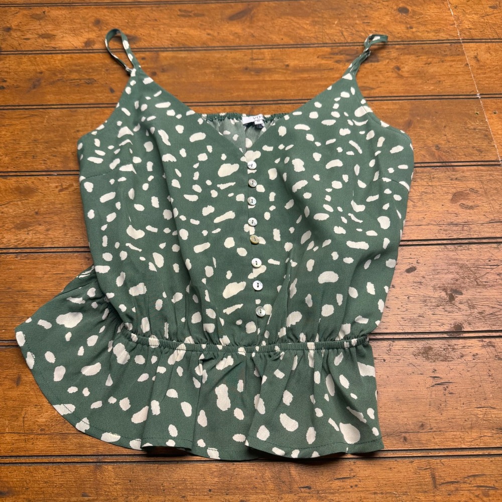 VOY Green Dalmatian Print Peplum‎ Camisole Top Size M